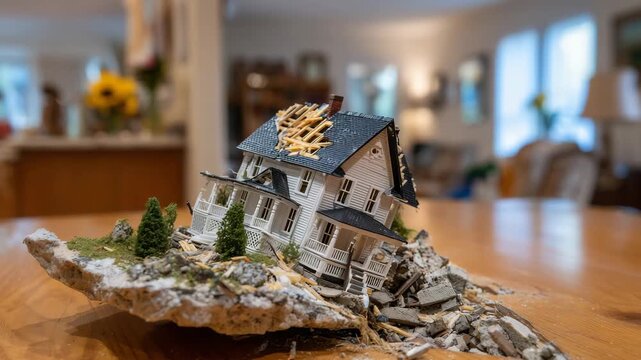 284Detailed miniature house model partially collapsed, roof and walls misaligned, resting on a textured wooden table, emphasizing structural failure in construction