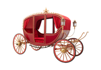 Red velvet royal carriage, crown top, gold trim, lanterns, isolated on a transparent background