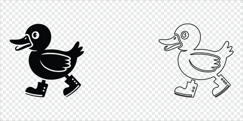 Duck Wearing Boots Silhouette and Line Art Pair, vector illustration