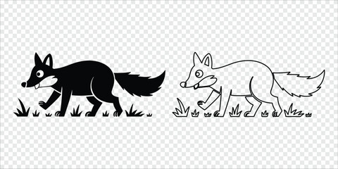 Fox Walking Through Grass Silhouette and Outline, vector illustration