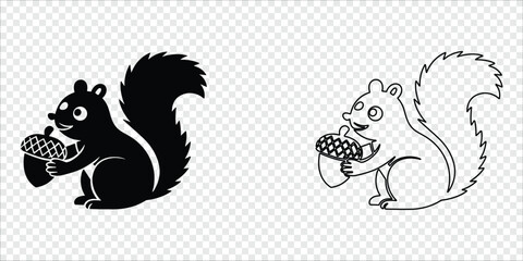 Squirrel Holding Pinecone Silhouette and Outline Pair, vector illustration