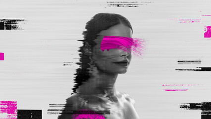 Minimal artwork of woman with magenta glitch strokes on eyes in monochrome distorted portrait....