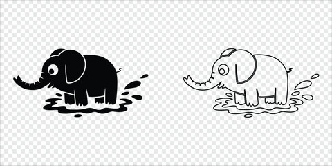 Elephant Standing in Water Silhouette and Outline, vector illustration