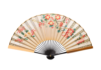 Traditional hand fan featuring vibrant flowers, wooden frame, oriental design elements, decorative accessory, isolated on a transparent background