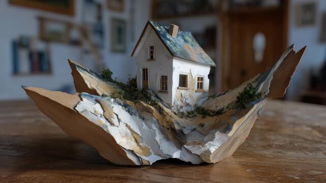 290Small-scale house model with warped roof and leaning walls, resting on a polished wooden tabletop, cracks and chips highlighting structural failure