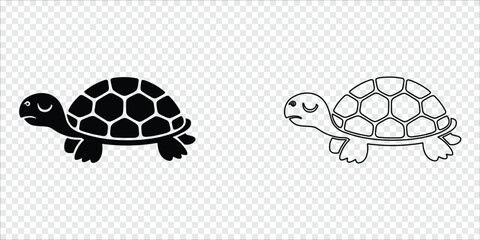Sad and Happy Turtle Silhouette and Outline Pair, vector illustration