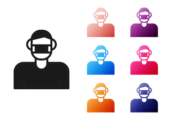 Black Man face in a medical protective mask icon isolated on white background. Quarantine. Set icons colorful. Vector