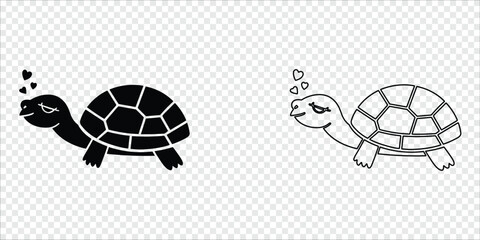 Happy Turtle with Hearts Silhouette and Outline Pair, vector illustration