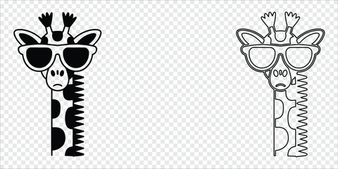 Giraffes with Sunglasses Silhouette and Outline Pair, vector illustration