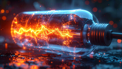 Illuminating Innovation: The raw power of electricity crackles within a modern light bulb, showcasing a visual embodiment of innovation and progress, bathed in a futuristic, neon glow.