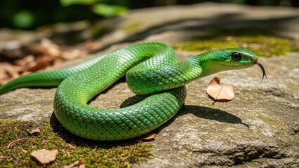 Fototapeta premium Vibrant green snake coiled on mossy rocks with tongue flicking