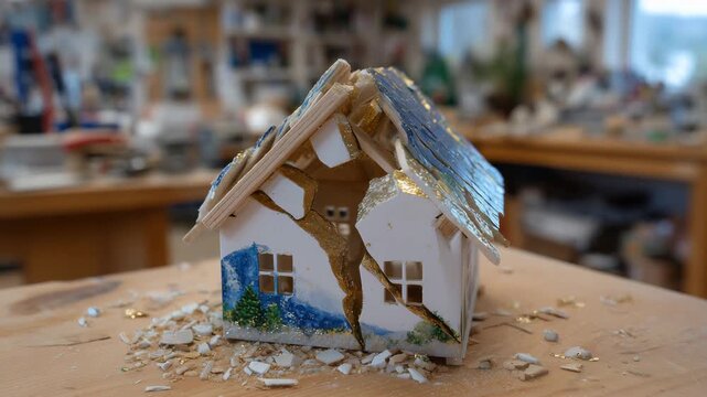 293Small-scale house model with warped roof and leaning walls, resting on a polished wooden tabletop, cracks and chips highlighting structural failure