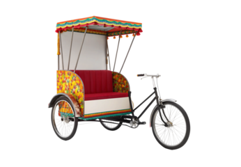 Colorful cycle rickshaw, decorative canopy, passenger cart, Asian street transportation, floral wheel design, isolated on a transparent background