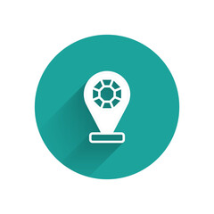 White Front facade building jewelry store icon isolated with long shadow background. Green circle button. Vector