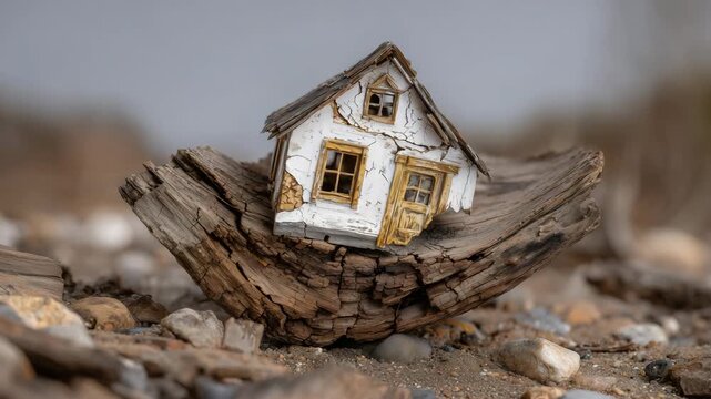 296High-resolution macro of a small house model with warped and leaning walls, broken roof beams, placed on rustic wooden surface, depicting construction flaws