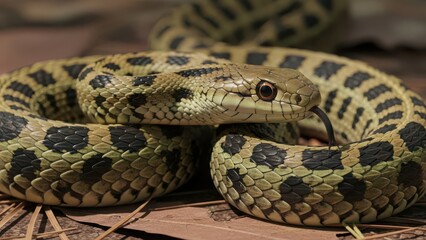 Obraz premium Close up of a green anaconda snake coiled on the ground
