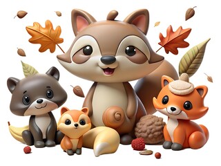 Adorable cartoon fox family with falling autumn leaves in a whimsical illustration