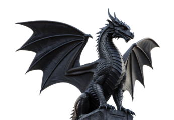 Detailed dark dragon statue with spread wings and scaled body on base, isolated on a transparent background