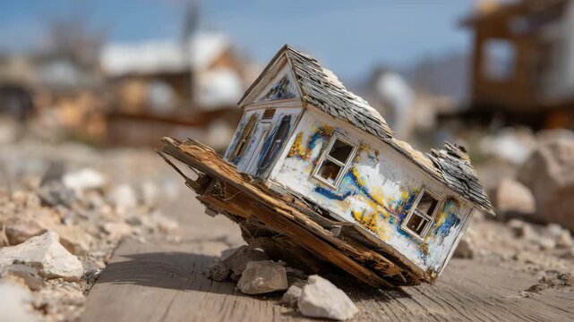 298Close-up of a damaged model house with visible sagging and broken supports, tilted on a wooden surface, representing flawed construction and unsafe design