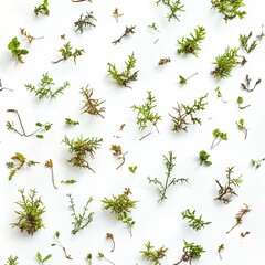A collection of small, delicate, moss-like plants scattered across a white background