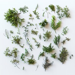 A collection of small, delicate, moss-like plants scattered across a white background