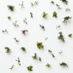 A collection of small, delicate, moss-like plants scattered across a white background