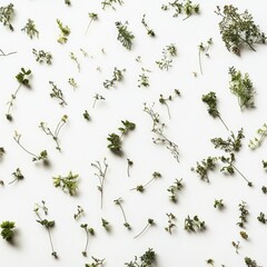 A collection of small, delicate, moss-like plants scattered across a white background