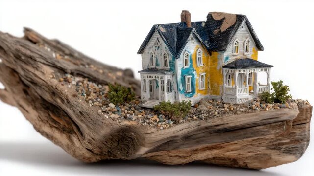 303Damaged miniature house with sagging structure, leaning sideways on a wooden plank, roof partially caved in, visual metaphor for structural failure and poor building practices