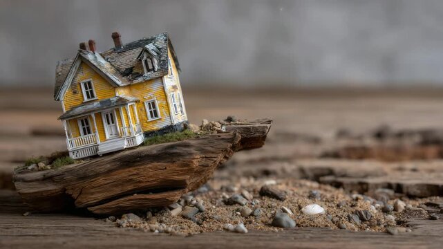 304Damaged miniature house with sagging structure, leaning sideways on a wooden plank, roof partially caved in, visual metaphor for structural failure and poor building practices