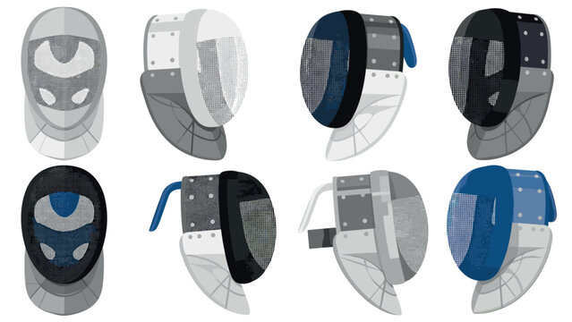 Fencing helmets vector illustration set for sports and equipment design