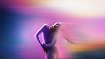 Vivid composition of woman in motion with soft blurred streaks over multicolor background. Concept of dynamic expression, creative movement, editorial style, and energetic color-driven visual stories.