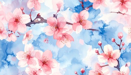 Watercolor Cherry Blossom Illustration with Pink Flowers and Blue Sky Wash