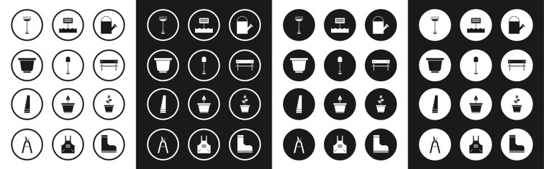 Set Watering can, Shovel, Flower pot, Garden rake, Bench, Blank wooden sign board, Plant and saw icon. Vector