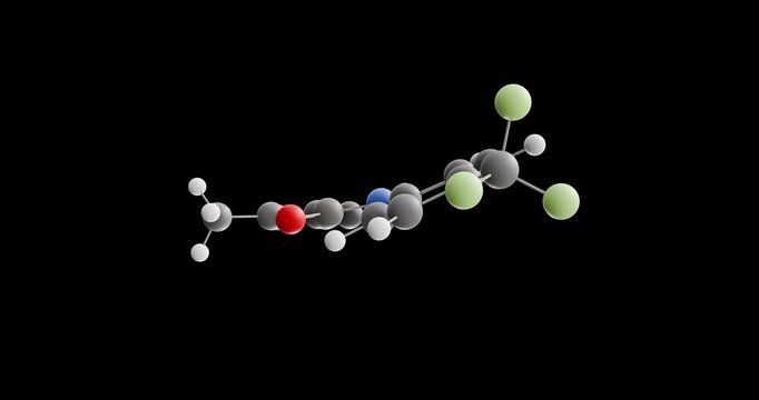 Leflunomide molecule, rotating 3D model of immunomodulatory agent, looped video on a black background
