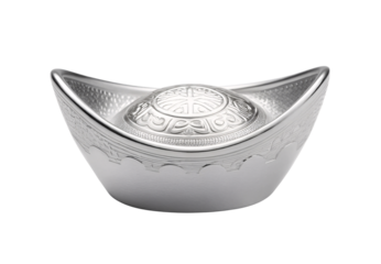 Reflective silver yuan bao with intricate Chinese calligraphy and embossing, isolated on a transparent background