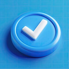 A cute blue badge icon with a white checkmark inside, 3D blender render, clay material, plain background.