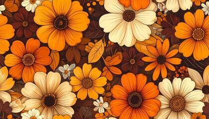 Retro Floral Pattern with Orange, Yellow, and Cream Blooms on Brown Background