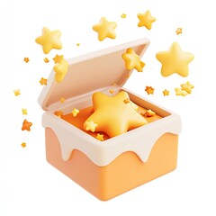 A cute clay icon of an open box with yellow stars flying out, on a white background