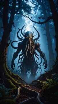 Dark forest monster with glowing eyes and tentacles stands amidst the dense, misty woods, casting an eerie presence in the shadowy environment.