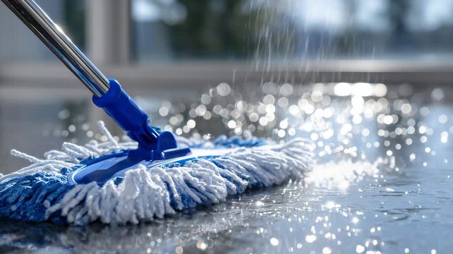 371Close-up of cleaning motion, blue mop gliding across wet glossy floor, sunlight creating radiant highlights and sparkling cleanliness in minimalist home