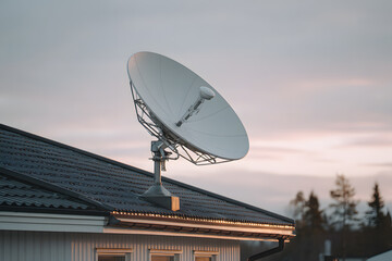 Satellite dish mounted on a house roof with beautiful sunset colors in the background, indicating evening time
