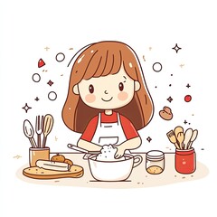 A cute little girl baking with kitchen utensils, surrounded by ingredients