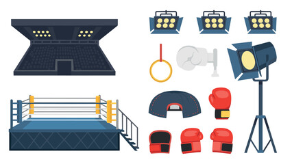 Obraz premium Boxing competition stadium set with gloves, ring, and lighting elements for event design