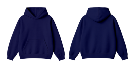 Blank Navy Blue Oversized Hoodie Mockup Front and Back Views Isolated on Transparent Background