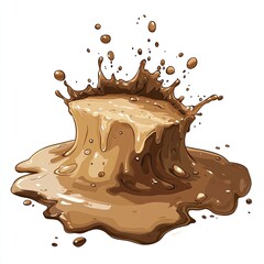 A dark brown liquid in the shape of an island with splashes, against a white background