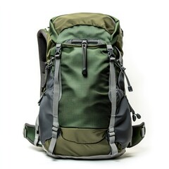 A dark green backpack with gray trim, a large front pocket, and small side pockets on the sides.