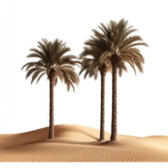 A desert landscape with three date palm trees on the sand dunes, against a white background.