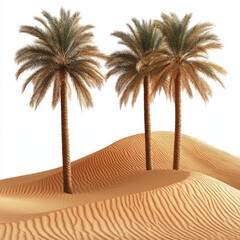 A desert landscape with three date palm trees on the sand dunes, against a white background.