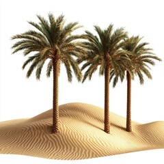 A desert landscape with three date palm trees on the sand dunes, against a white background.
