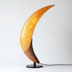 A desk lamp with an elongated, curved body and an amber light shade on the top that resembles rice paper in shape.